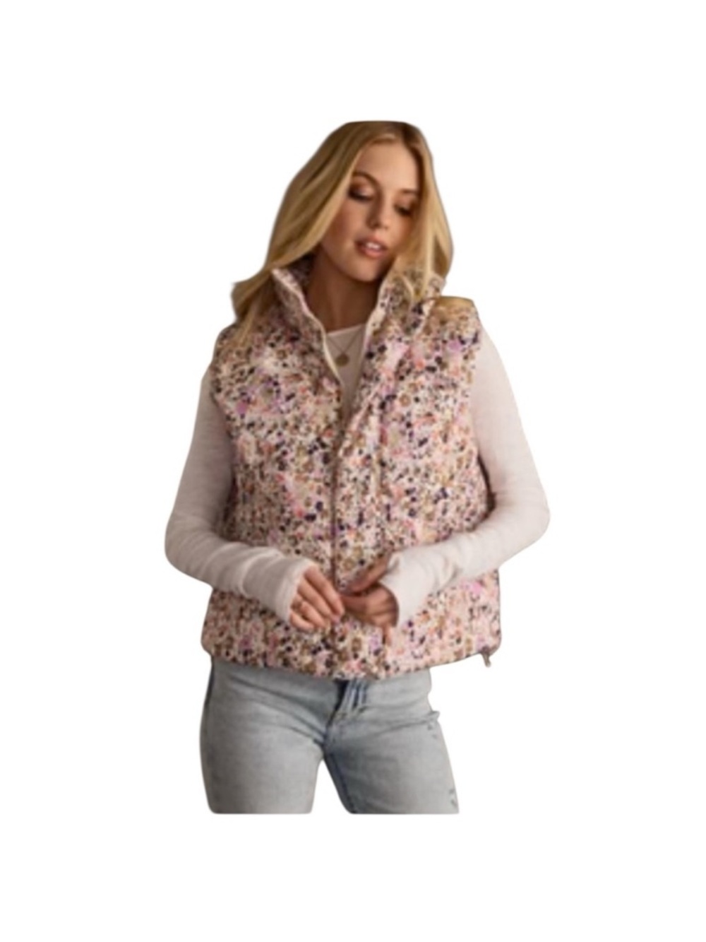 Panache Pink Floral Quilted Puffer Vest